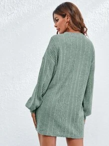 SHEIN LUNE Đầm Gân đan màu trơn Giải trí - Màu xanh Bạc hà - Xem 2