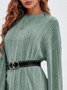 SHEIN LUNE Đầm Gân đan màu trơn Giải trí - Màu xanh Bạc hà - Xem 4