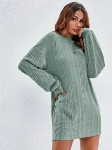 SHEIN LUNE Đầm Gân đan màu trơn Giải trí - Màu xanh Bạc hà - Xem 5