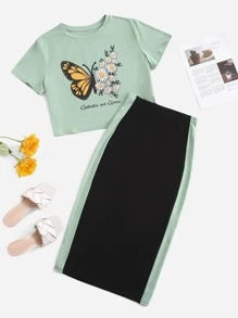 Mulvari Letter & Butterfly Print Tee And Skirt Set 2 Piece Set - Multicolor - View 1