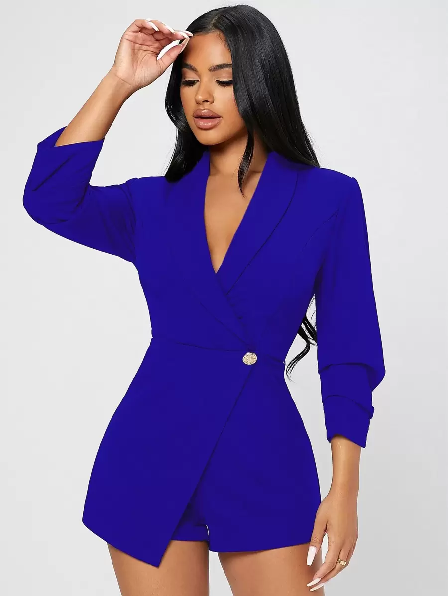 SHEIN PETITE Solid Shawl Collar Wrap Romper - Royal Blue - View 1