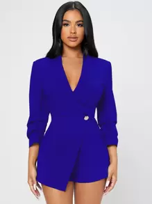 SHEIN PETITE Solid Shawl Collar Wrap Romper - Royal Blue - View 5