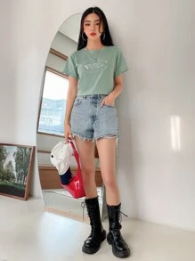 DAZY Slogan & Wave Print Tee - Green - View 3