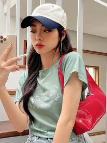 DAZY Slogan & Wave Print Tee - Green - View 4