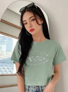 DAZY Slogan & Wave Print Tee - Green - View 6