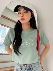 DAZY Slogan & Wave Print Tee - Green - View 7