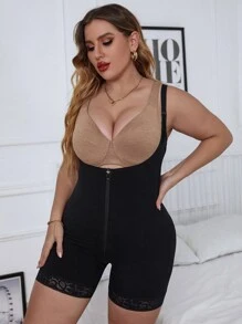 Snug Zone Plus Contrast Lace Zipper Front Shapewear Unitard Romper - Black - View 3