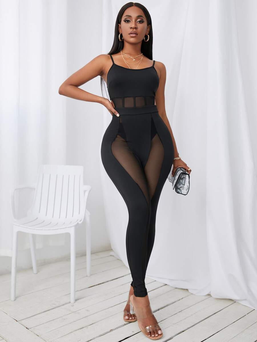 SHEIN VaVaLuxe Jumpsuit unitard de tirantes de malla sin bragas - Negro - Ver 1