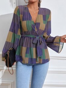 Mulvari Striped Surplice Neck Belted Blouse - Multicolor - View 1