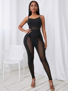 SHEIN VaVaLuxe Jumpsuit unitard de tirantes de malla sin bragas - Negro - Ver 3