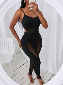 SHEIN VaVaLuxe Jumpsuit unitard de tirantes de malla sin bragas - Negro - Ver 4