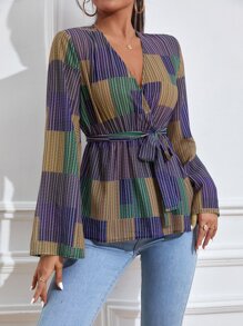Mulvari Striped Surplice Neck Belted Blouse - Multicolor - View 3
