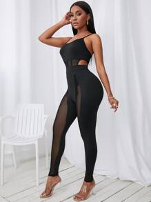 SHEIN VaVaLuxe Jumpsuit unitard de tirantes de malla sin bragas - Negro - Ver 5