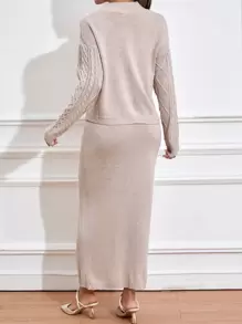 Mulvari Áo len nữ kết hợp màu trơn Thanh lịch - Màu be - Xem 2