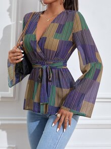 Mulvari Striped Surplice Neck Belted Blouse - Multicolor - View 5