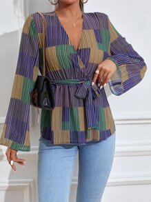 Mulvari Striped Surplice Neck Belted Blouse - Multicolor - View 6