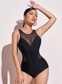 SHEIN Swim 網紗拼接連體泳衣 - 黑色 - 查看 1
