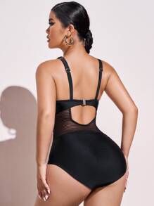 SHEIN Swim 網紗拼接連體泳衣 - 黑色 - 查看 2