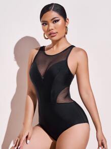 SHEIN Swim 網紗拼接連體泳衣 - 黑色 - 查看 3