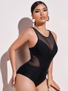 SHEIN Swim 網紗拼接連體泳衣 - 黑色 - 查看 5