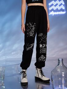 Heyillustration Starsalign Aquarius Letter Constellation Graphic Joggers - Black - View 1