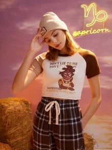 ROMWE Camiseta tipo béisbol con letra con estampado de dibujos animados - Multicolor - Ver 1