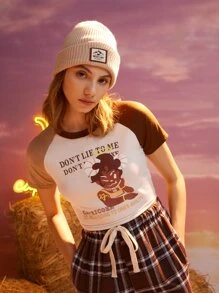 ROMWE Camiseta tipo béisbol con letra con estampado de dibujos animados - Multicolor - Ver 2