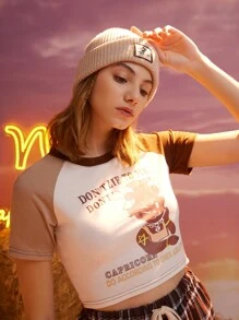 ROMWE Camiseta tipo béisbol con letra con estampado de dibujos animados - Multicolor - Ver 3