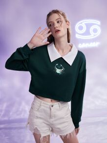 Amor Fati Starsalign Áo nỉ Ung thư Lá thư Cua Đồ họa Cổ áo tương phản - Màu xanh lá cây đậm - Xem 1