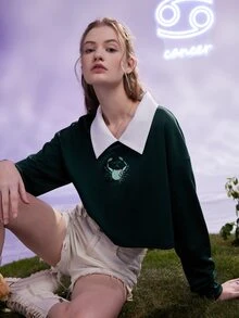 Amor Fati Starsalign Áo nỉ Ung thư Lá thư Cua Đồ họa Cổ áo tương phản - Màu xanh lá cây đậm - Xem 4