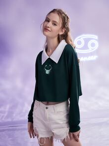 Amor Fati Starsalign Áo nỉ Ung thư Lá thư Cua Đồ họa Cổ áo tương phản - Màu xanh lá cây đậm - Xem 5