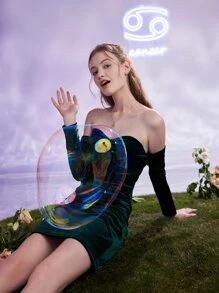 ROMWE 素色絲絨褶邊一字領緊身洋裝 - 墨綠色 - 查看 3