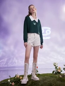 Amor Fati Starsalign Áo nỉ Ung thư Lá thư Cua Đồ họa Cổ áo tương phản - Màu xanh lá cây đậm - Xem 6