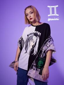 ROMWE 字母人像圖案撞色落肩T恤 - 黑與白 - 查看 1