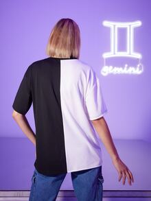 ROMWE 字母人像圖案撞色落肩T恤 - 黑與白 - 查看 2