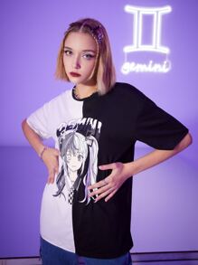 ROMWE 字母人像圖案撞色落肩T恤 - 黑與白 - 查看 3