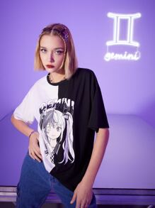 ROMWE 字母人像圖案撞色落肩T恤 - 黑與白 - 查看 4