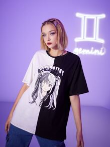 ROMWE 字母人像圖案撞色落肩T恤 - 黑與白 - 查看 5