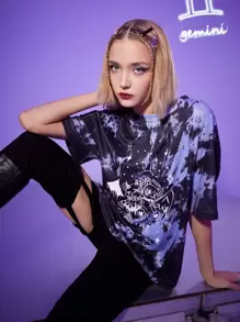 ROMWE Gemini Letter Cartoon Graphic Tie Dye Oversized Tee - Multicolor - View 5
