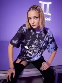 ROMWE Gemini Letter Cartoon Graphic Tie Dye Oversized Tee - Multicolor - View 6