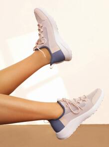 女鞋時尚輕量兩色針織粉紅色運動鞋休閒鞋 - 粉色 - 查看 2