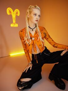 ROMWE Aries Sun & Moon Graphic Ring Decor Crop Top - Orange - View 1