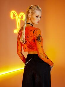 ROMWE Aries Sun & Moon Graphic Ring Decor Crop Top - Orange - View 2