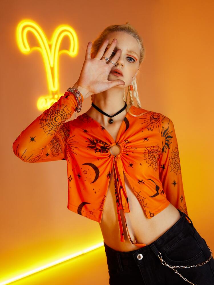 ROMWE Aries Sun & Moon Graphic Ring Decor Crop Top - Orange - View 3