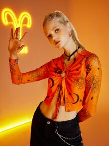 ROMWE Aries Sun & Moon Graphic Ring Decor Crop Top - Orange - View 5