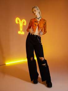 ROMWE Aries Sun & Moon Graphic Ring Decor Crop Top - Orange - View 6