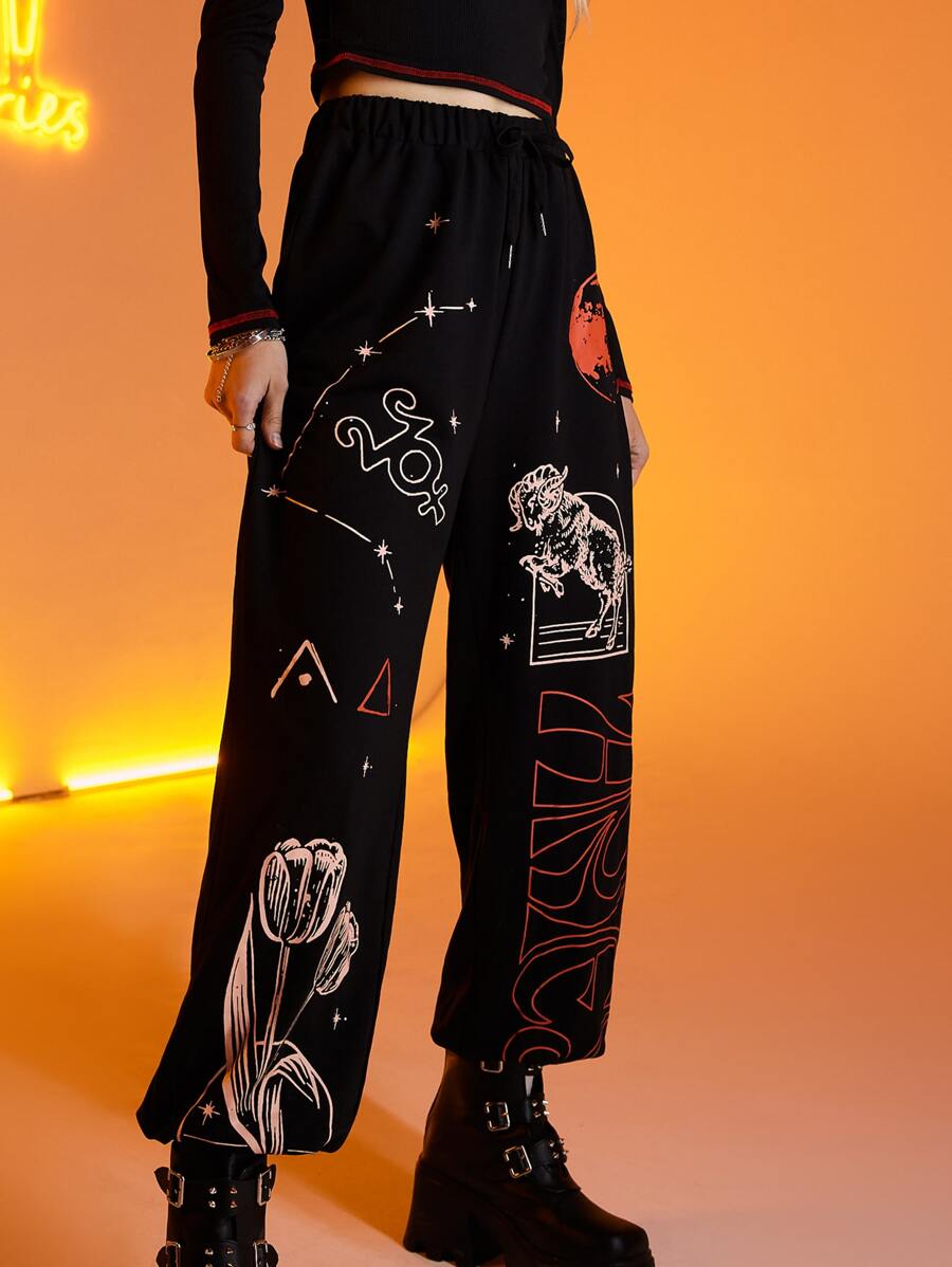 Heyillustration Starsalign Aries Letter Sheep Graphic Knot Joggers - Black - View 1