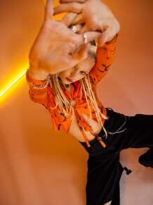 ROMWE Aries Sun & Moon Graphic Ring Decor Crop Top - Orange - View 7