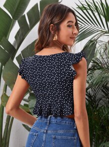 Soleia Allover Heart Print Ruffle Trim Crop Top - Navy Blue - View 2