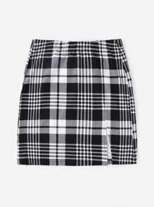 SHEIN Essnce 開衩下擺格紋半身裙 - 黑與白 - 查看 3